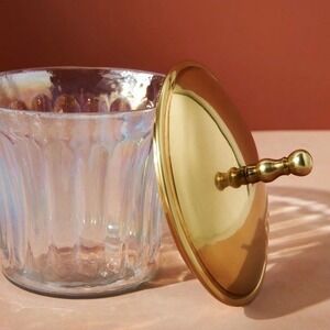 Anthropologie Lustrous Canister Iridescent Glass Gold Lid‎ 6.5"Hx4.25"D